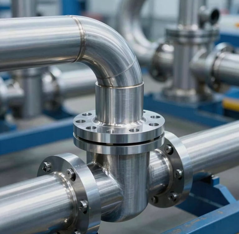 Crisp industrial photography of a mechanical engineer inspecting high-tolerance steel piping installations, cool daylight, sharp focus, 35mm.