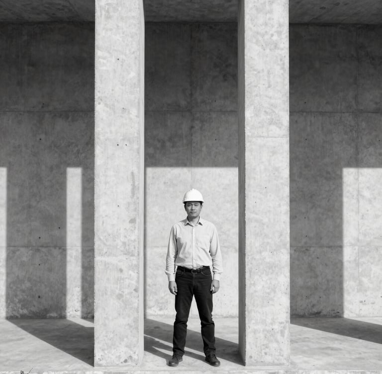 Symmetrical architectural portrait of a structural engineer standing next to a raw concrete column, harsh midday sun casting sharp geometric shadows, minimalist composition, 35mm lens