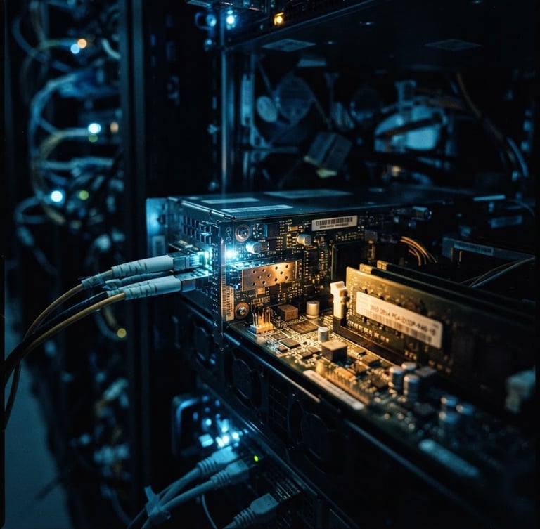 Dark tactical photography, high-contrast cool blue and amber terminal light, macro close-up of server hardware in low light, sharp focus, 35mm