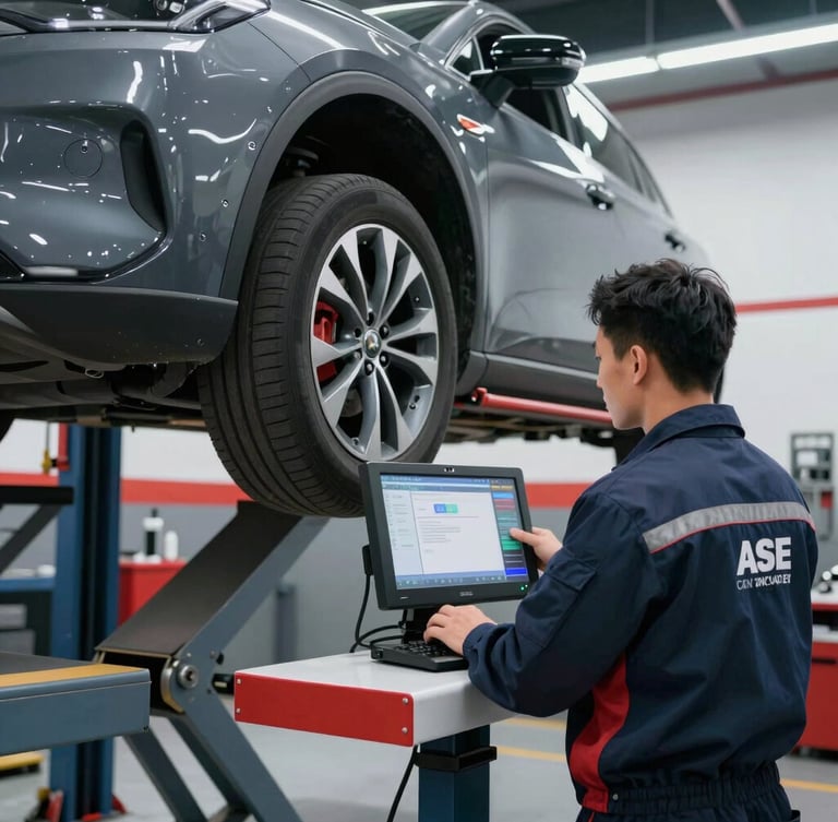 A clean, modern automotive service bay with sharp workshop lighting, a vehicle elevated on a lift, and an ASE-certified mechanic analyzing a diagnostic screen.