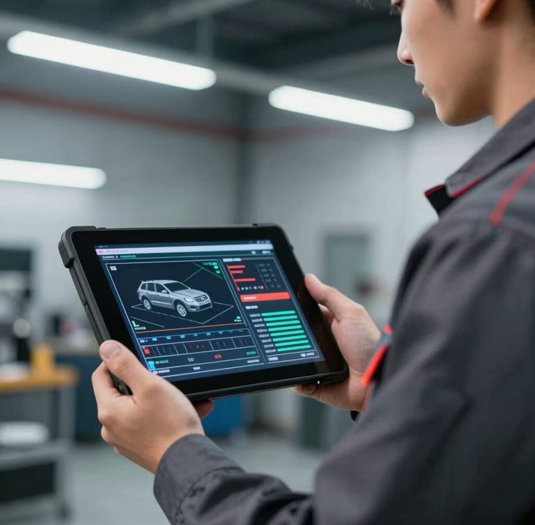 Close-up of a certified mechanic in a clean uniform holding a diagnostic tablet showing automotive system graphs, bright cool workshop lighting, high contrast.