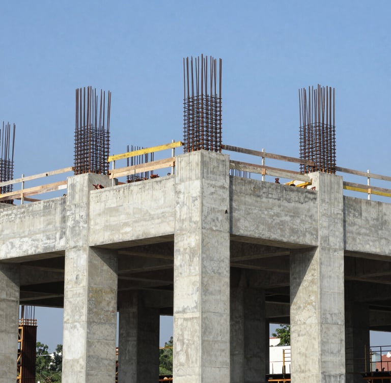Wide environmental shot of a massive concrete bridge foundation under construction in Colombia, steel reinforcement bars visible, bright natural daylight, crisp focus, 35mm