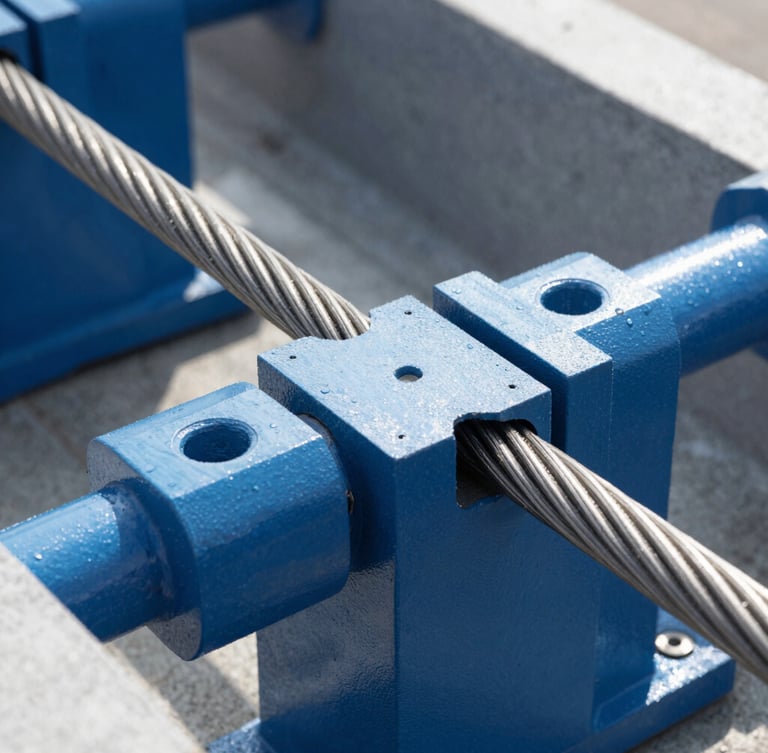 Close-up of high-strength steel cableway system tension joints, bright daylight, engineered precision, industrial setting