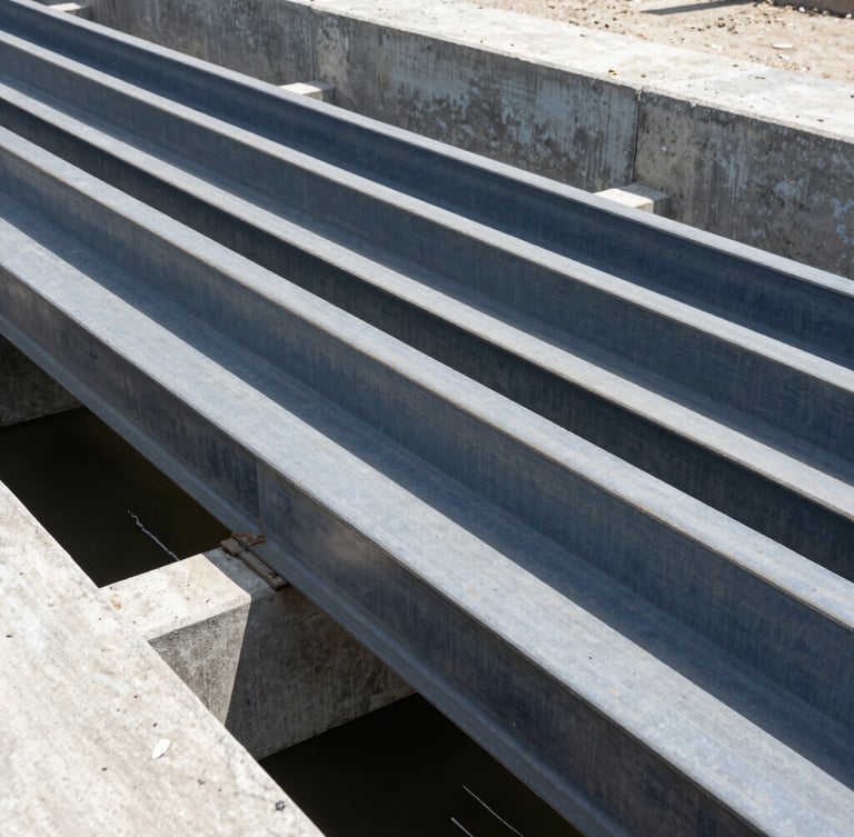 Primer plano de la base de un puente de concreto reforzado cruzando un canal, vigas de acero visibles, luz natural brillante de mediodía, fotografía de ingeniería nítida
