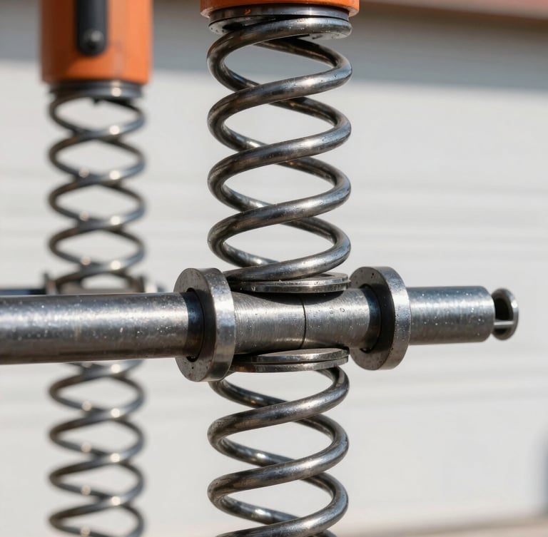 Close-up of a heavy-duty steel torsion spring on a garage door shaft, clean industrial lighting, high contrast charcoal tones, sharp focus, 35mm