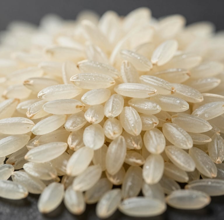 Macro studio shot of raw, uncooked Basmati rice grains showing perfect uniformity, sharp lighting, dark background
