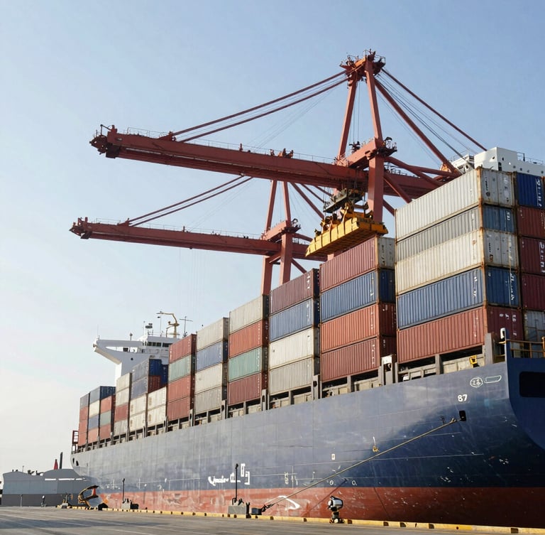 A massive container ship docked at an industrial port at noon, crane loading containers, high-contrast crisp daylight, geometric composition, negative space on the left.