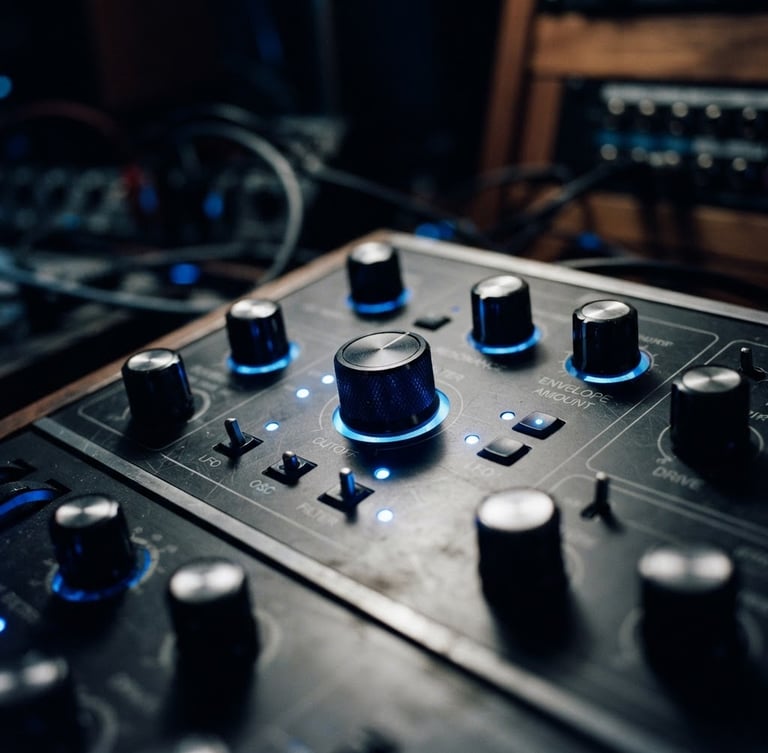 Close-up of high-end analog synthesizer knobs, glowing blue LED lights, dark studio background, macro lens, 35mm photography