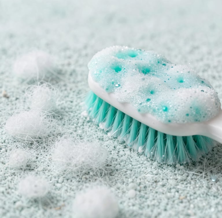 Close-up of carpet fibers undergoing deep brushing with clean water and organic teal-tinted soap, bright natural daylight, crisp details.