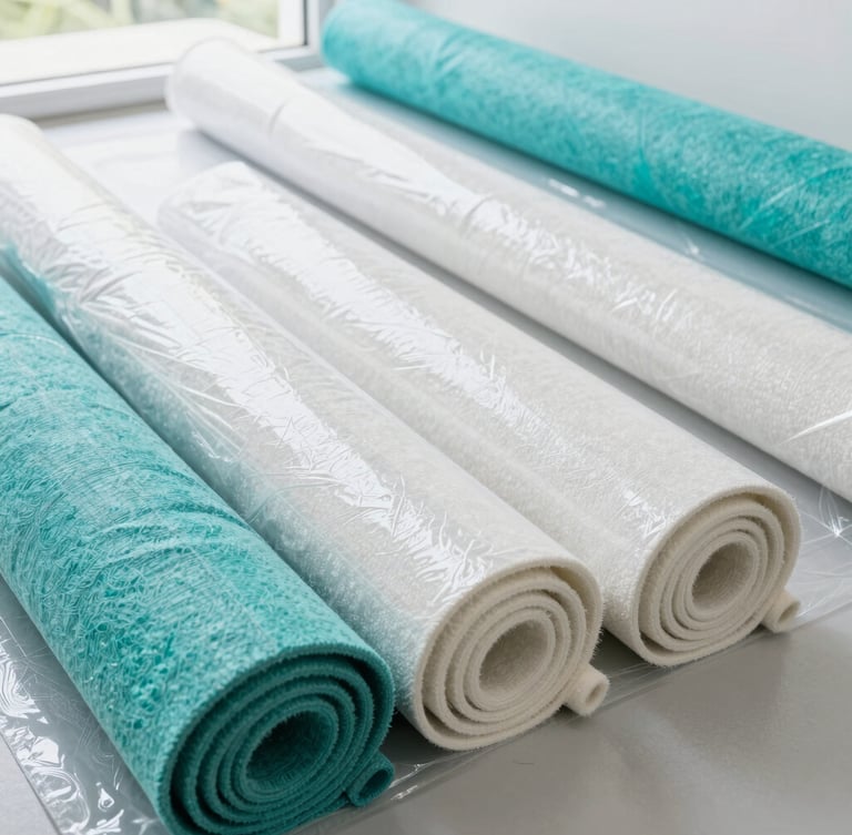 Bright clean workshop with neatly rolled clean carpets wrapped in protective film, fresh teal accents, natural daylight, 35mm lens