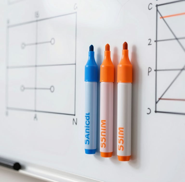 Tight macro detail shot of a clean collaborative whiteboard with structured technical diagrams, bright high-key lighting, electric blue and vivid orange markers, sharp focus