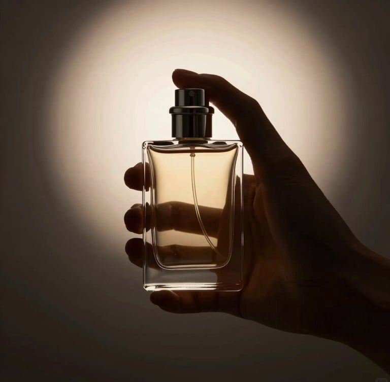 Elegant hand holding a minimalist glass perfume bottle catching sharp studio light, dark obsidian background, warm champagne reflections, 85mm