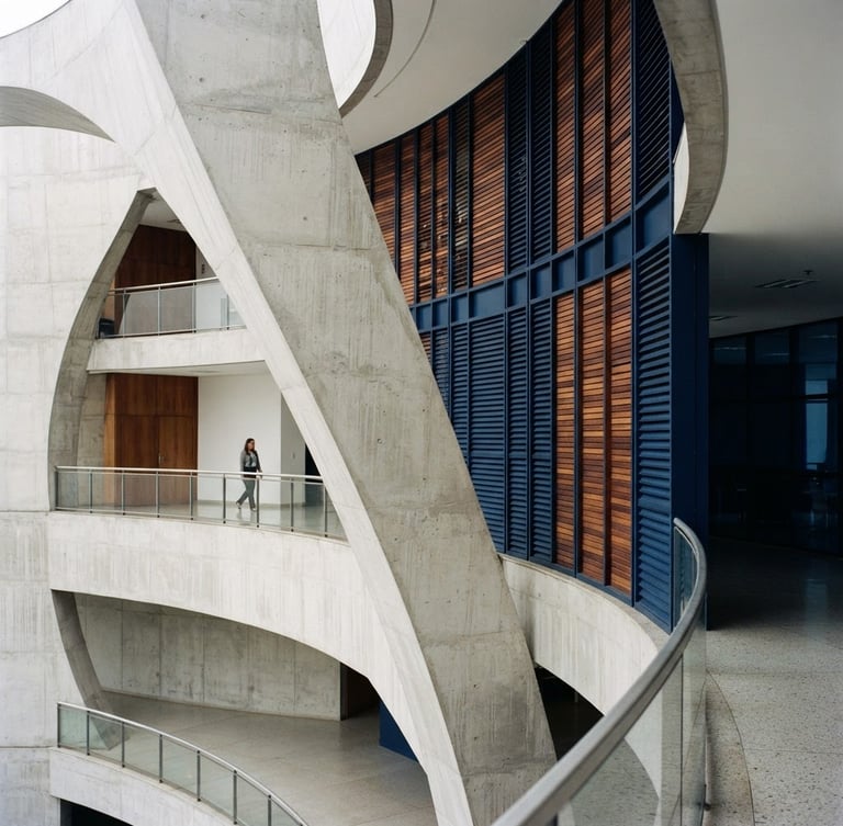 Architectural detail of a modern Brazilian municipal palace, clean concrete curves, soft daylight, navy shadows, editorial style