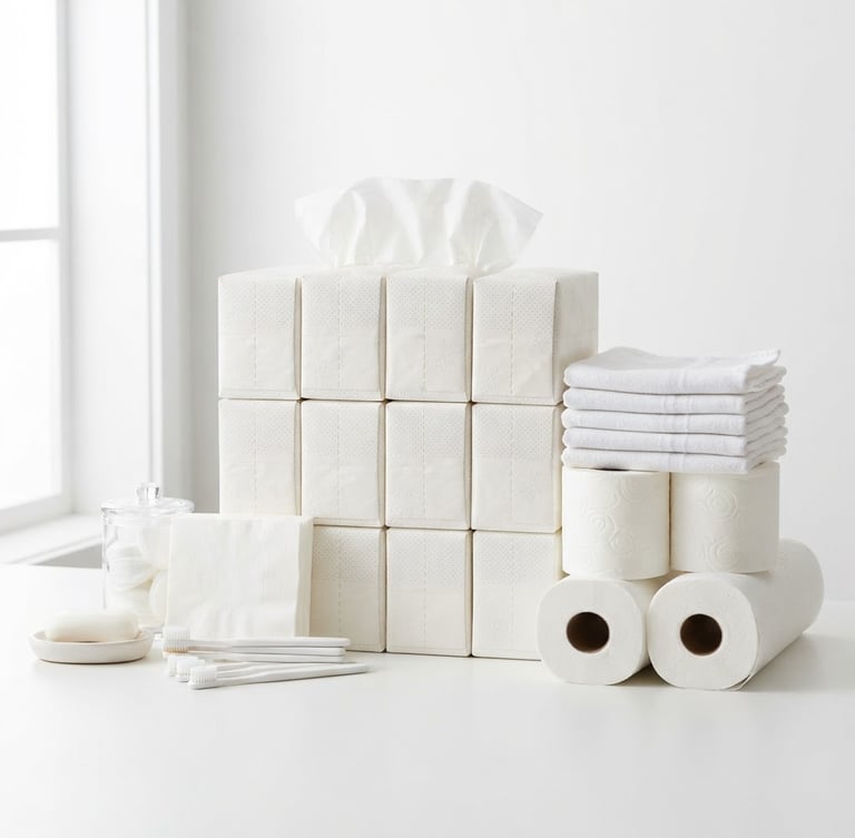 Bright high-key product photography of neatly stacked tissues and household essentials on a clean white backdrop, soft natural studio light, crisp details, 50mm