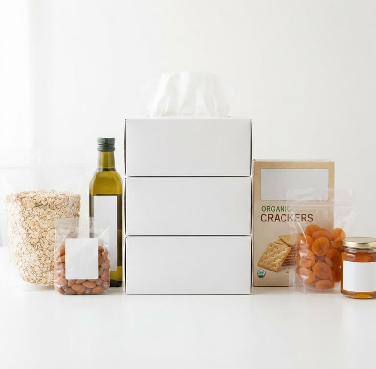 Bright high-key product photography of neatly stacked tissues and packaged foods on a clean white backdrop, soft natural studio light, 50mm