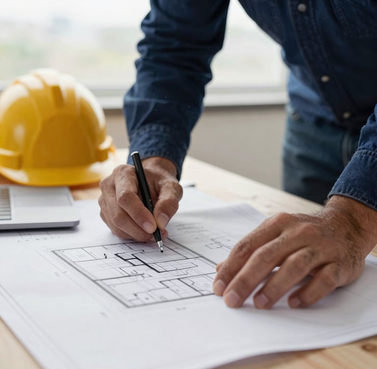 Close-up shot of hands on architectural blueprints with a laptop and hard hat nearby, natural overcast daylight, deep blues and warm gold accents, sharp focus, 35mm gritty editorial construction photography.