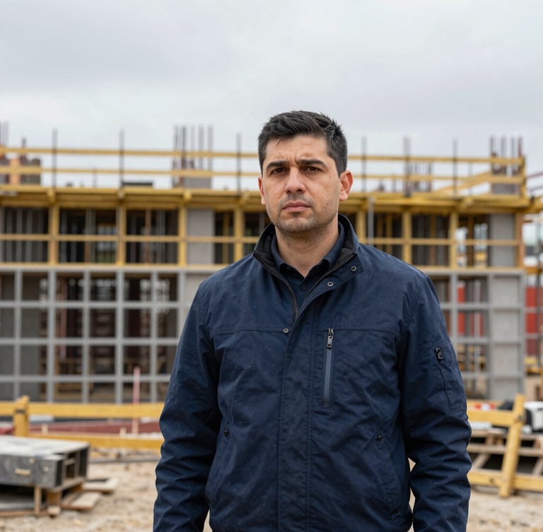 A professional portrait of a male construction consultant in a dark blue jacket standing on an active site, natural overcast daylight, sharp focus