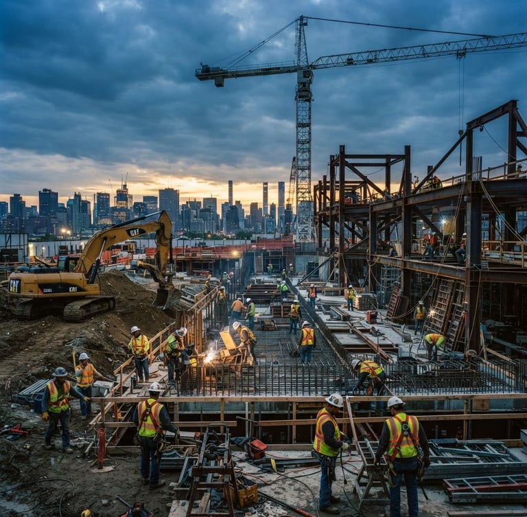 Active construction site at dawn, heavy machinery and workers in focus, deep blues and warm gold accents, sharp focus, 35mm, wide panoramic view.