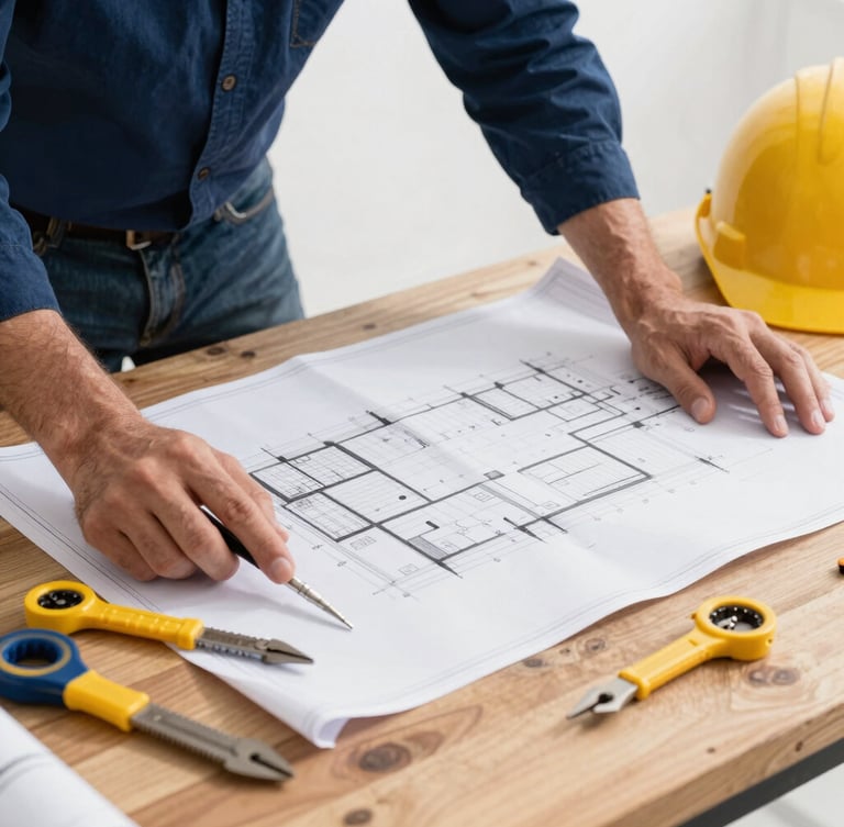 Close-up of hands reviewing construction blueprints on a wooden site table, high-contrast overcast daylight, professional tools and yellow hard hat visible, gritty editorial style.