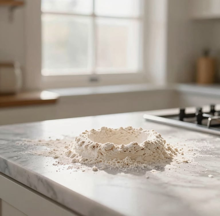 Close-up of a rustic, sunlit kitchen counter with fresh flour dusted across the marble, warm morning window light, soft pastel tones, shallow depth of field, 35mm