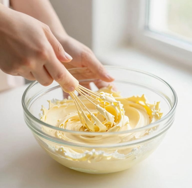 Macro food photography of hands whisking pale yellow buttercream in a glass bowl, soft morning window light, high-key, warm inviting atmosphere, 35mm