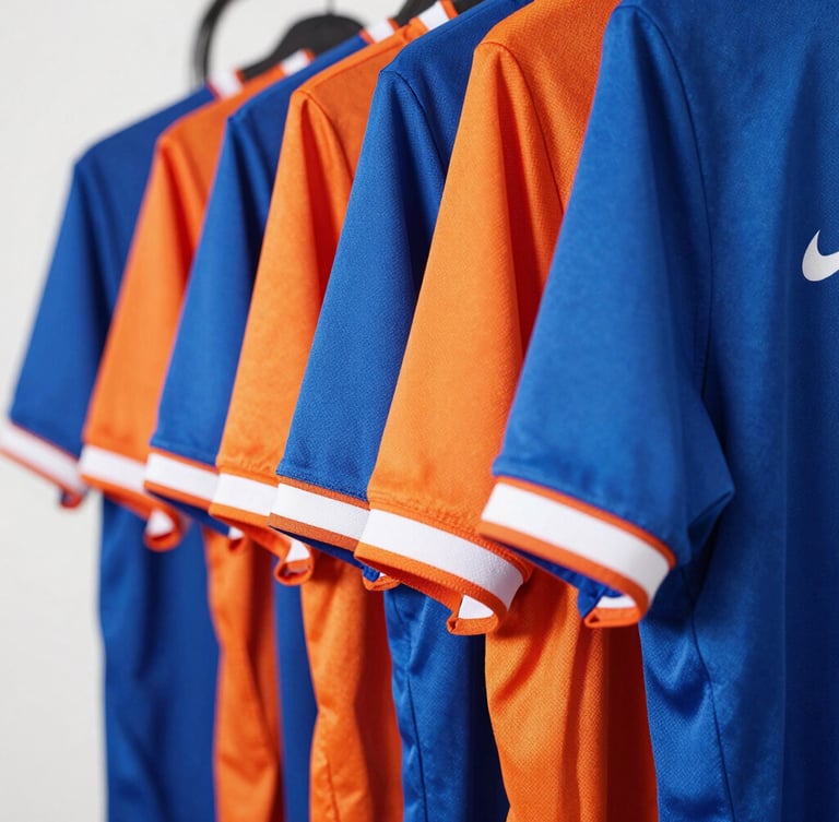 Close-up of vibrant custom athletic jerseys hanging neatly in a row, showcasing high-contrast blue and orange technical fabrics and crisp embroidery.
