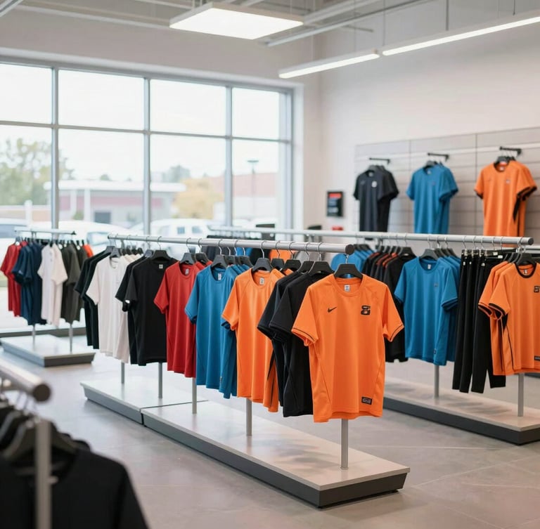 Bright high-key environmental shot of a modern clean sports apparel showroom in Salt Lake City, organized equipment arrays and custom uniforms on display, natural window light