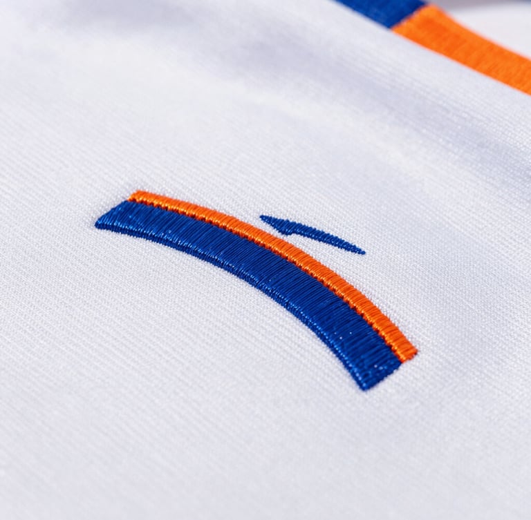 Bright natural light, macro shot of textured technical athletic fabric with clean custom embroidery, vibrant blue and orange threads, shallow depth of field