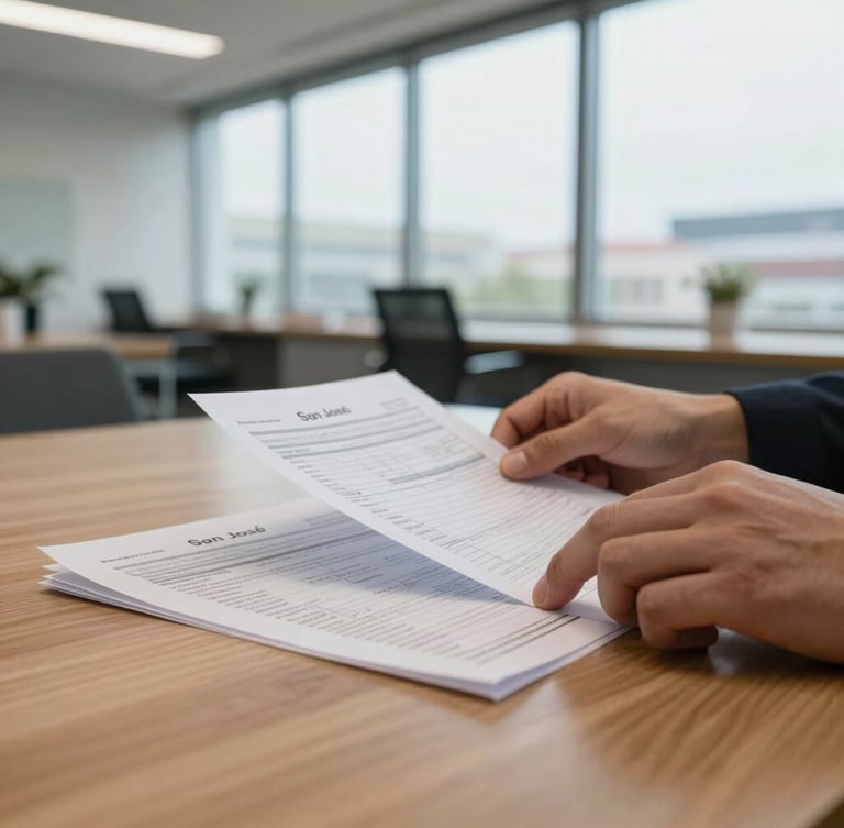 Close-up of hands reviewing physical financial reports on a solid oak table, soft natural daylight filtering through high office windows, clean architectural details of San José in the blurred background.