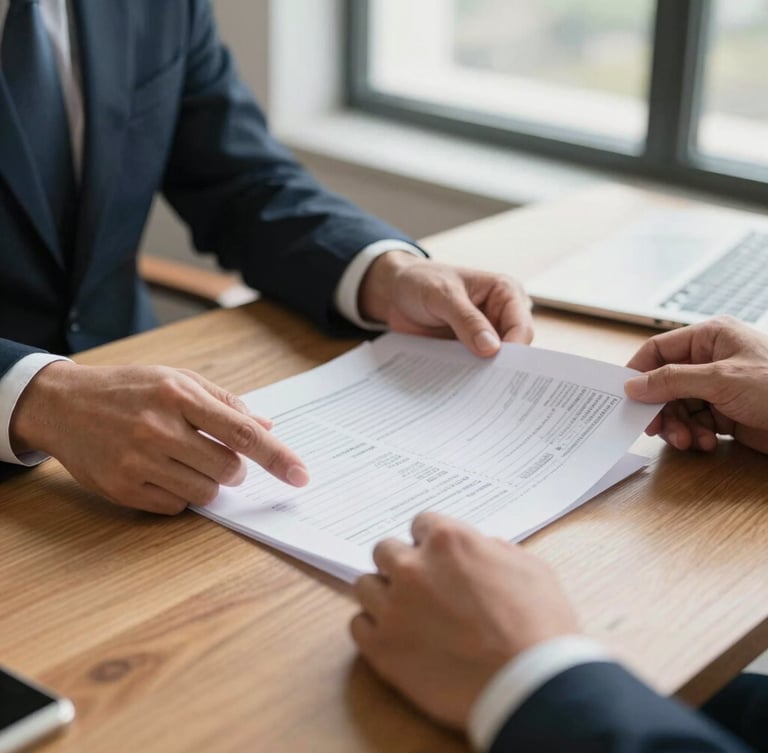 Close-up of hands reviewing physical financial reports on a solid wood table, soft natural daylight from an office window.