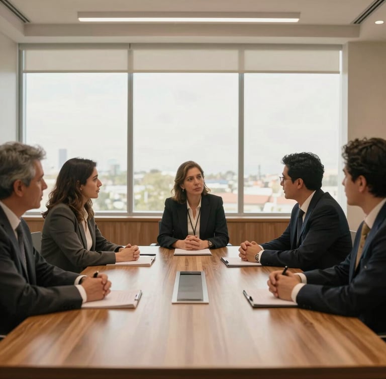 Medium-wide environmental shot of a modern, warm-toned boardroom in San José, professional leaders in thoughtful discussion around a wooden table, soft natural daylight filtering through large windows.