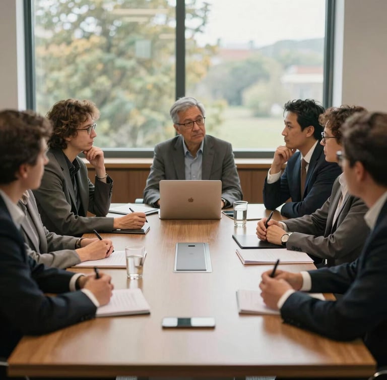 Medium-wide environmental shot of thoughtful leaders in discussion around a slate boardroom table, natural soft daylight filtering through windows, warm corporate aesthetic.