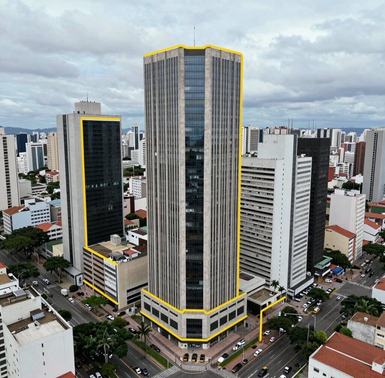 High-altitude drone photography of a prime vacant commercial corner lot in a major Brazilian city, sharp yellow vector-style boundary line overlay, crisp overcast daylight
