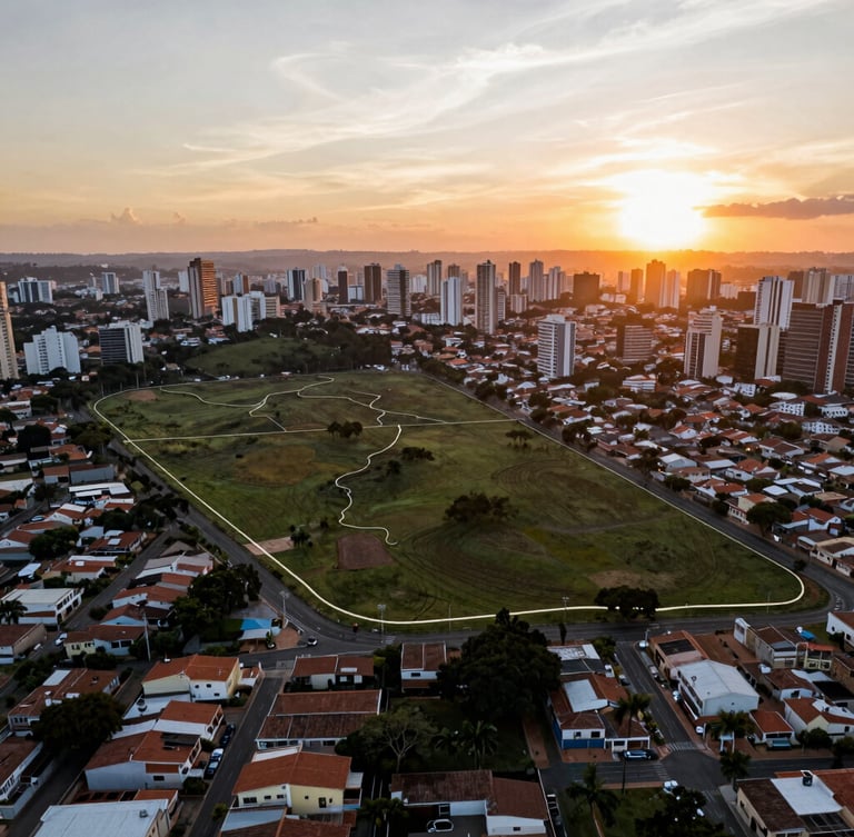 High-altitude drone photography of a raw residential land parcel in São Paulo, sharp sunset light, subtle vector boundary overlay highlighting the terrain