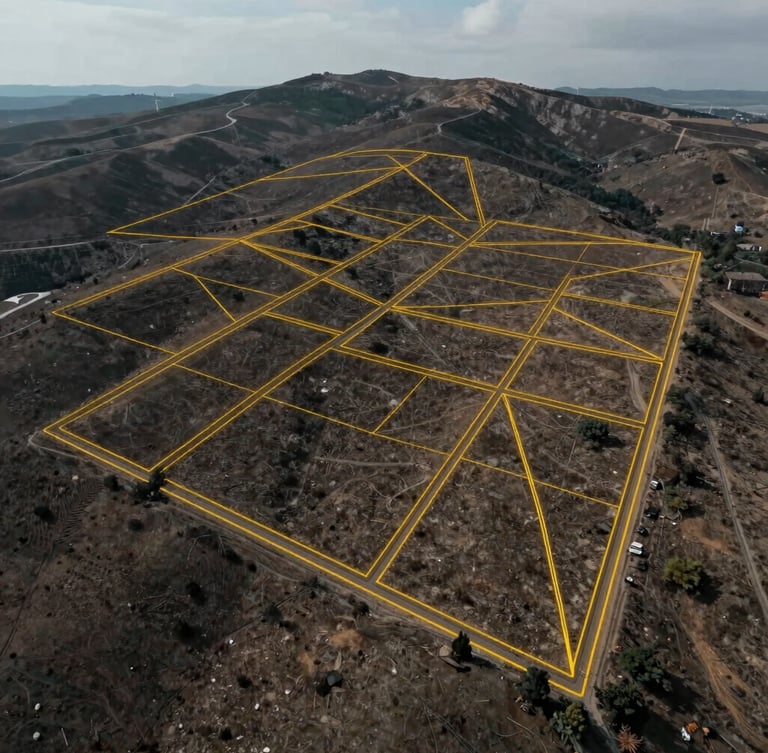 High-altitude drone photography of a raw land parcel with clean technical yellow vector boundary lines overlaid on the terrain, crisp overcast daylight