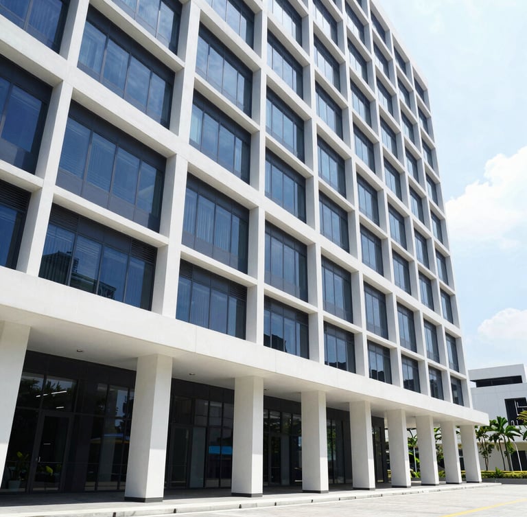 Professional corporate photography, bright natural office light, a modern office building exterior in Ampang, Selangor, with clear architectural lines, clean navy and white tones, sharp focus, 35mm, wide shot, low horizon