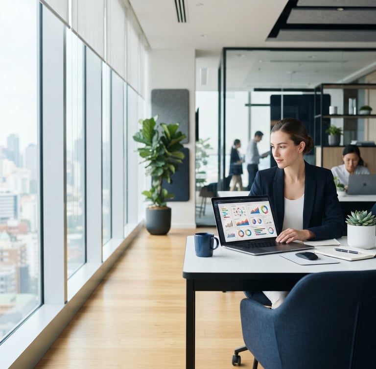 Modern corporate office interior, sleek desk with laptop and marketing data on screen, professional setting, bright natural light, navy and white tones, 35mm, off-center to the right, generous negative space on the left