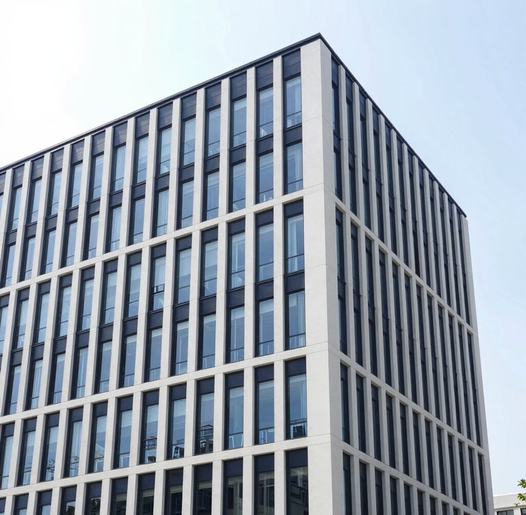 Professional corporate building exterior, modern architecture, bright daylight, clean lines, navy and white tones, 35mm, portrait aspect, slightly off-center