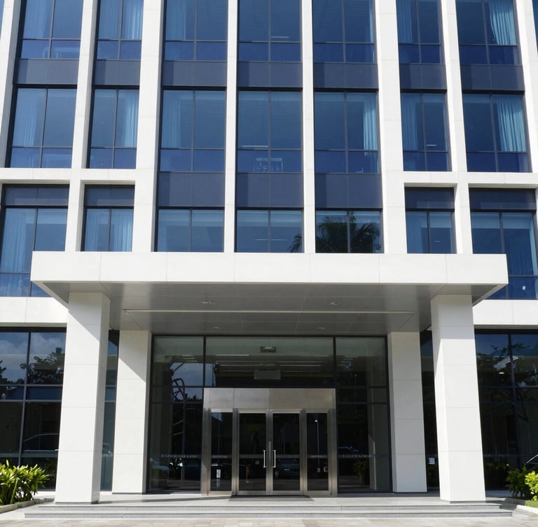 A professional architectural view of a modern corporate building entrance in Ampang, Selangor, bright clean daylight, sharp focus, 35mm