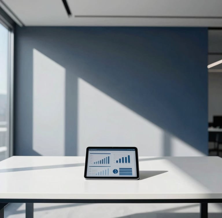 Minimalist modern office in Milan, clean desk with tablet showing business charts, sharp geometric architectural shadows, cool natural daylight, 35mm lens