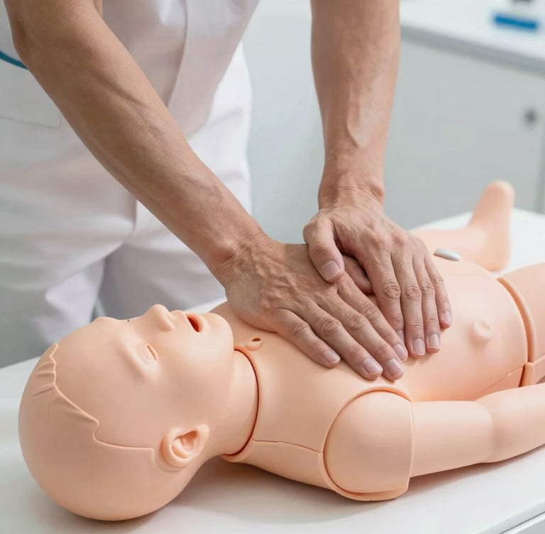 Close-up of hands demonstrating the Heimlich maneuver on a pediatric training manikin, bright clinical studio lighting, clean white background.