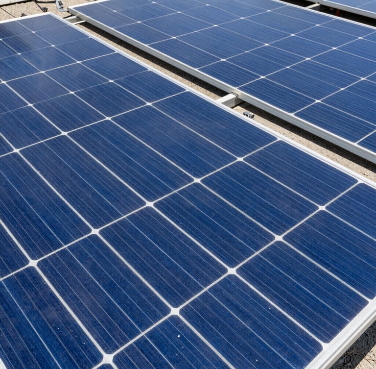 Overhead flat-lay of blue monocrystalline silicon solar cells in bright direct sunlight with sharp geometric shadows, technical grid lines visible