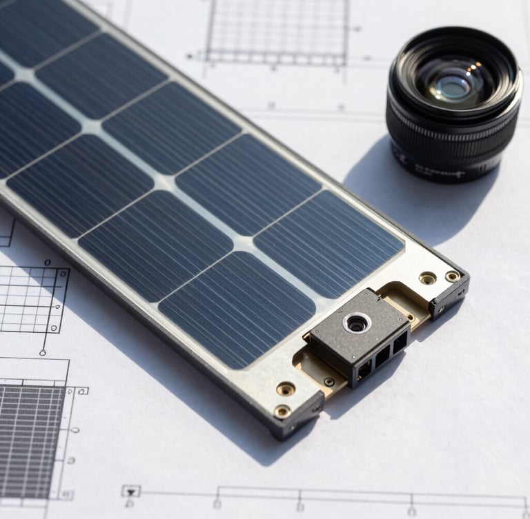 Overhead technical flat-lay of silicon solar cells and connection ports on a blueprint background, bright direct sunlight, sharp geometric shadows