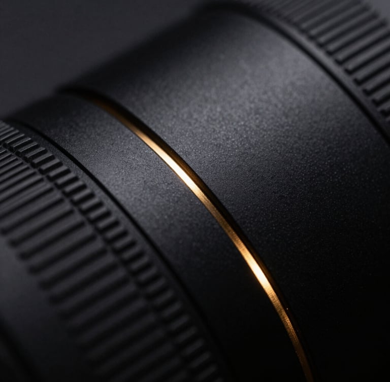 Macro close-up of sleek matte black tech surfaces with a single sharp metallic gold light leak, dark editorial photography, 35mm lens, dramatic low-key lighting