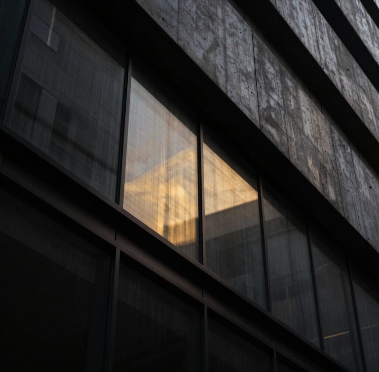 Dramatic low-key architectural crop of a modern concrete and glass facade, sharp diagonal lines, metallic gold light leaks reflecting on dark steel, 35mm lens