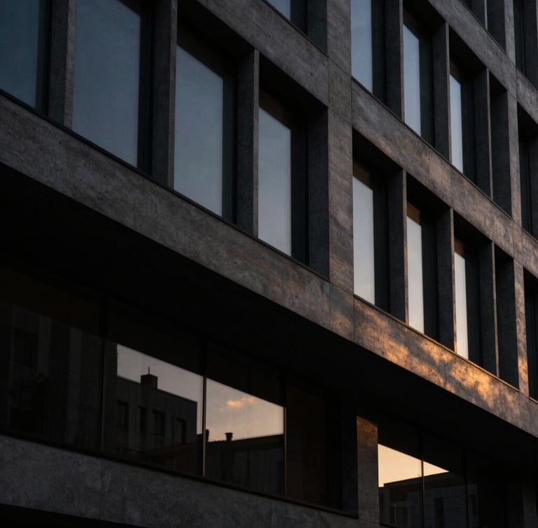 Abstract architectural lines of a modern concrete and glass building at dusk, subtle gold ambient light cutting through deep shadows, dark editorial photography.