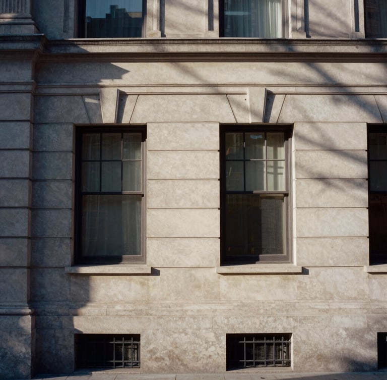 Sober editorial photography of a classical Manhattan stone facade with deep shadows and soft morning light, 35mm film, muted warm charcoal and cream tones