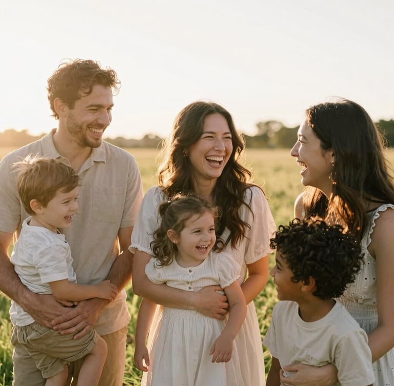 Candid medium shot of a diverse family laughing together in a sun-drenched meadow, warm golden-hour backlighting, soft focus, 35mm lens