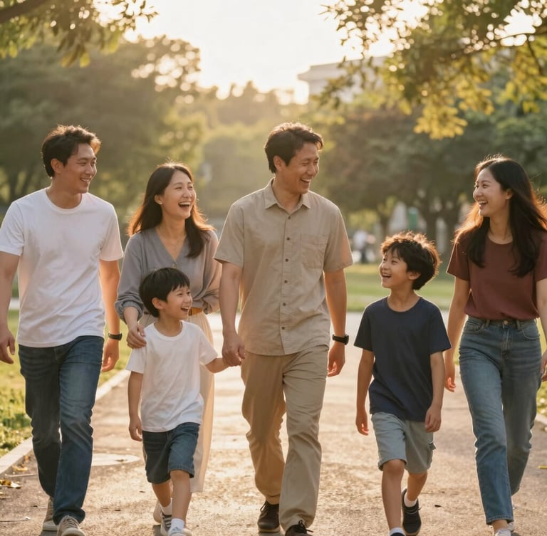 A diverse family laughing and walking together through a sunlit park, warm golden-hour backlighting, authentic expressions, 35mm lens