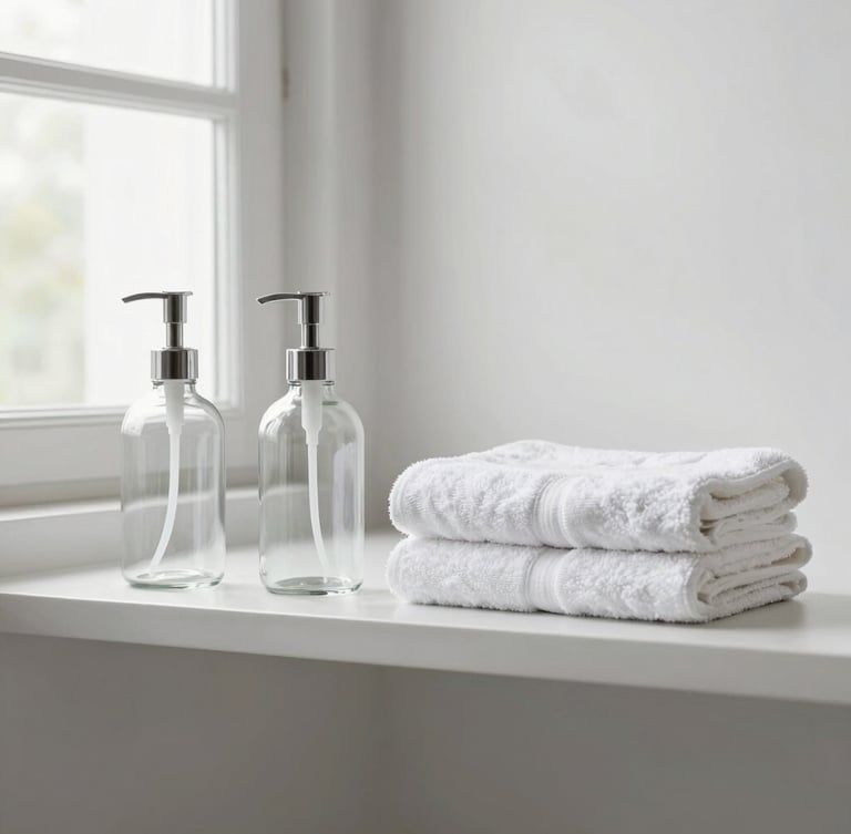 A straight-on eye-level view of a minimalist bathroom shelf holding unbranded glass dispensers and neatly folded white cotton towels, soft natural window light, clean geometric lines.